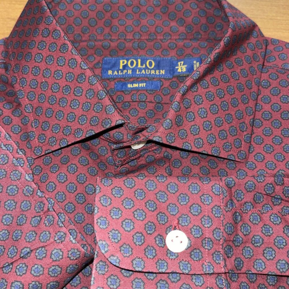 Polo Ralph Lauren Shirt Men 17 43 Maroon Geometric Preppy Wedding Spread‎ Collar